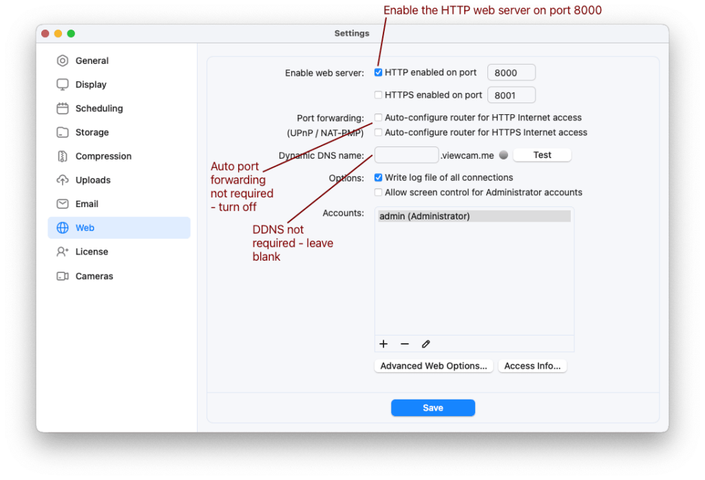 SecuritySpy Web Settings