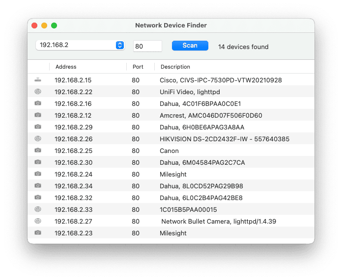 Screenshot of the Network Device Finder app
