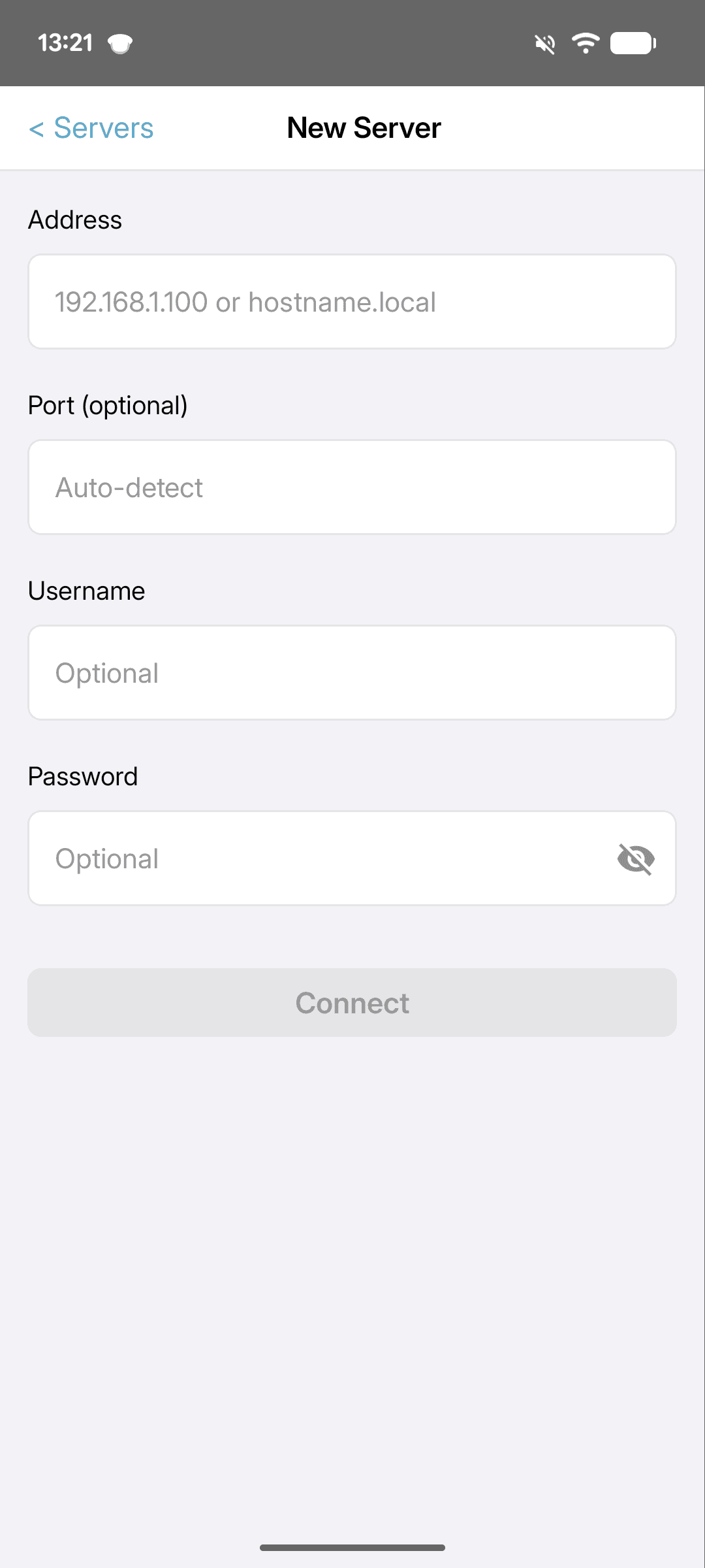 Enter an address, port, username and password to add a server manually