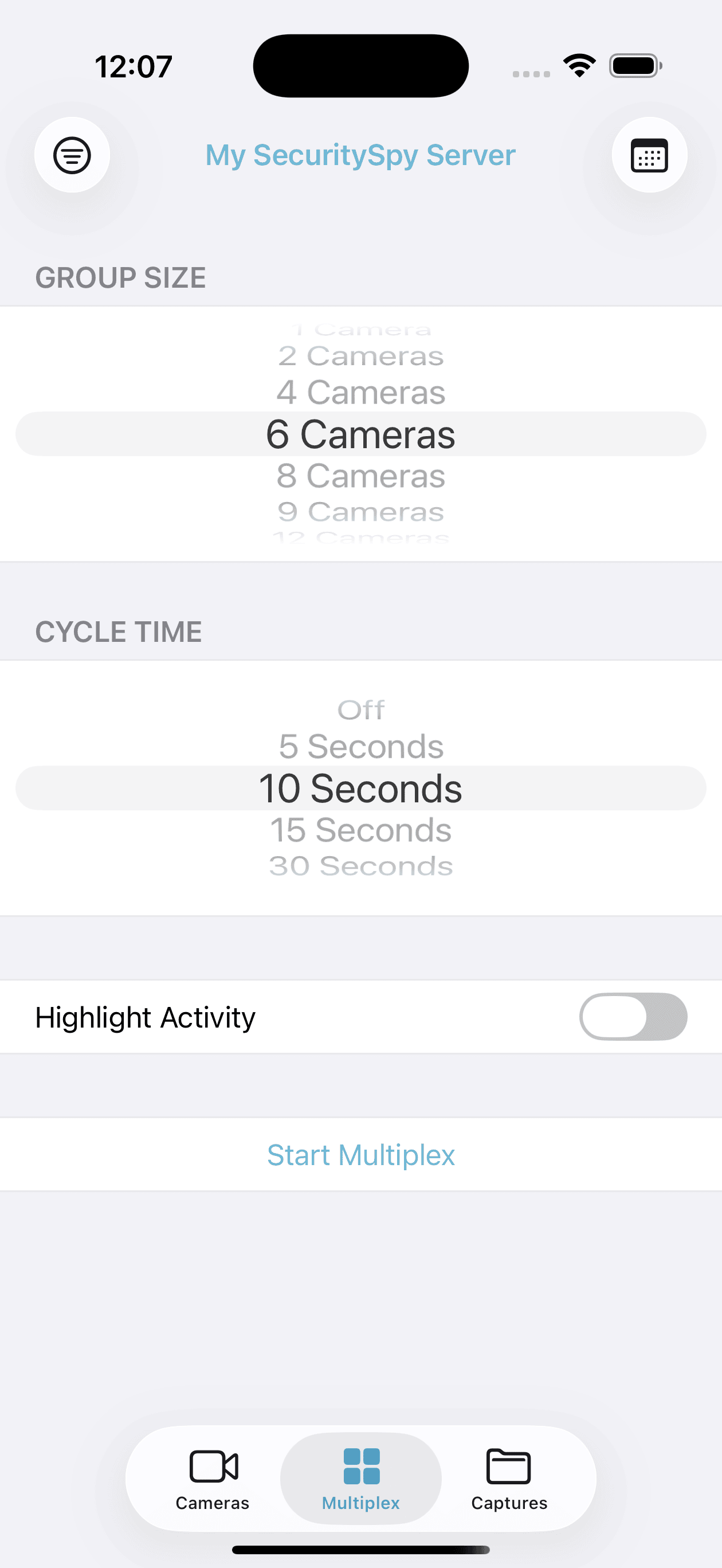 Configure multiplex options such as group size, cycle time, and activity highlighting