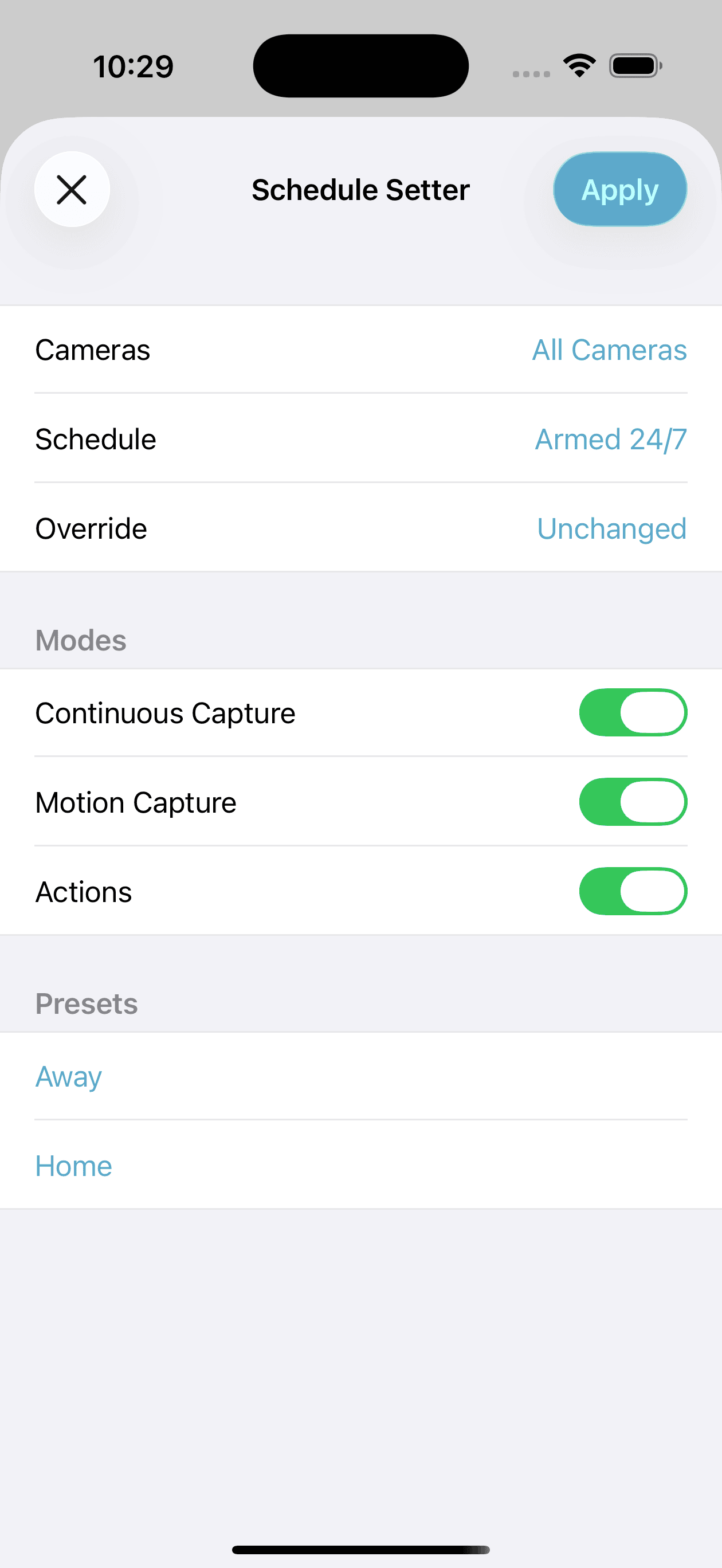 Set schedules for multiple cameras at once, to control the timing of recording and actions such as notifications