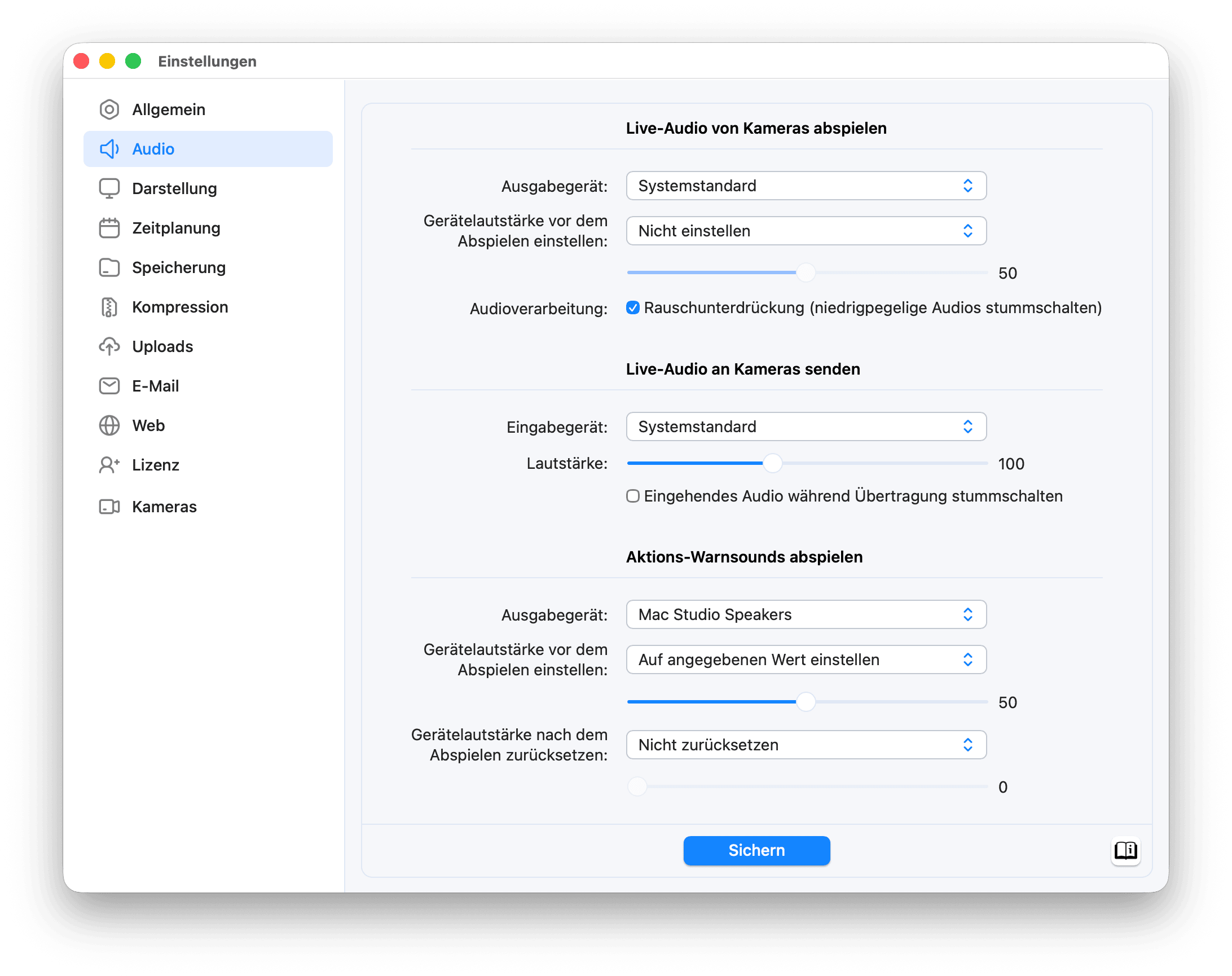 SecuritySpy Einstellungen - Audio