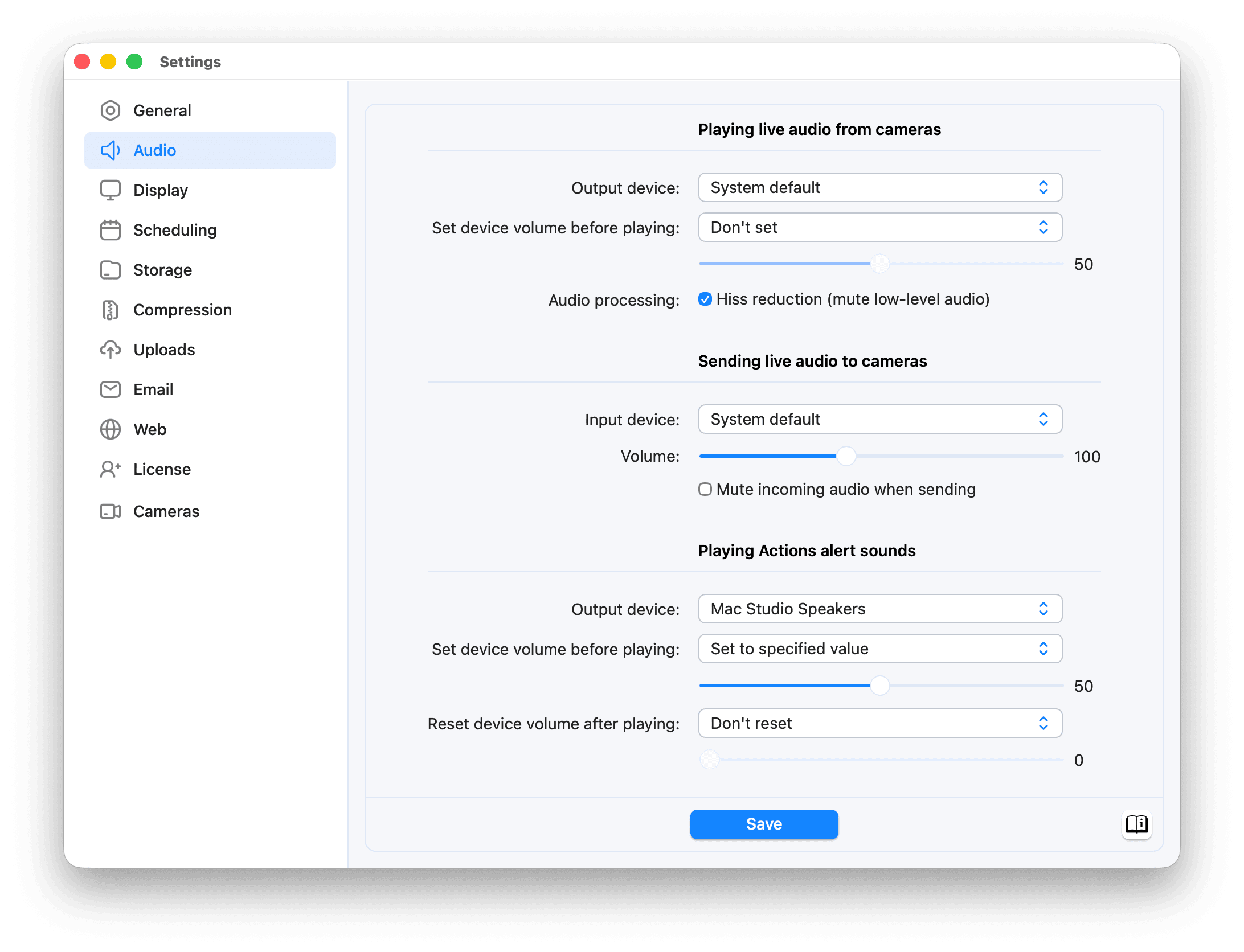 SecuritySpy Settings - Audio
