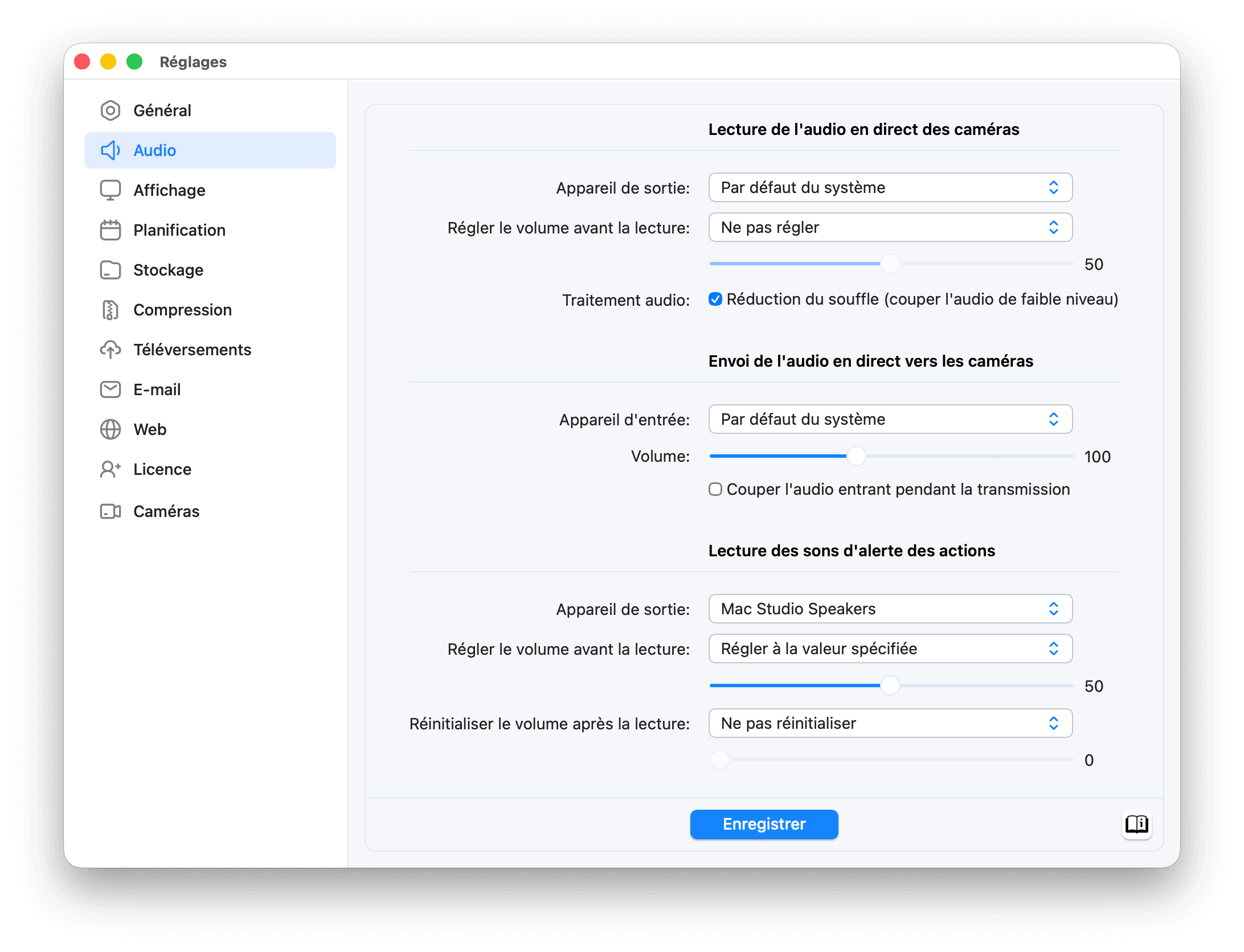 SecuritySpy Réglages - Audio