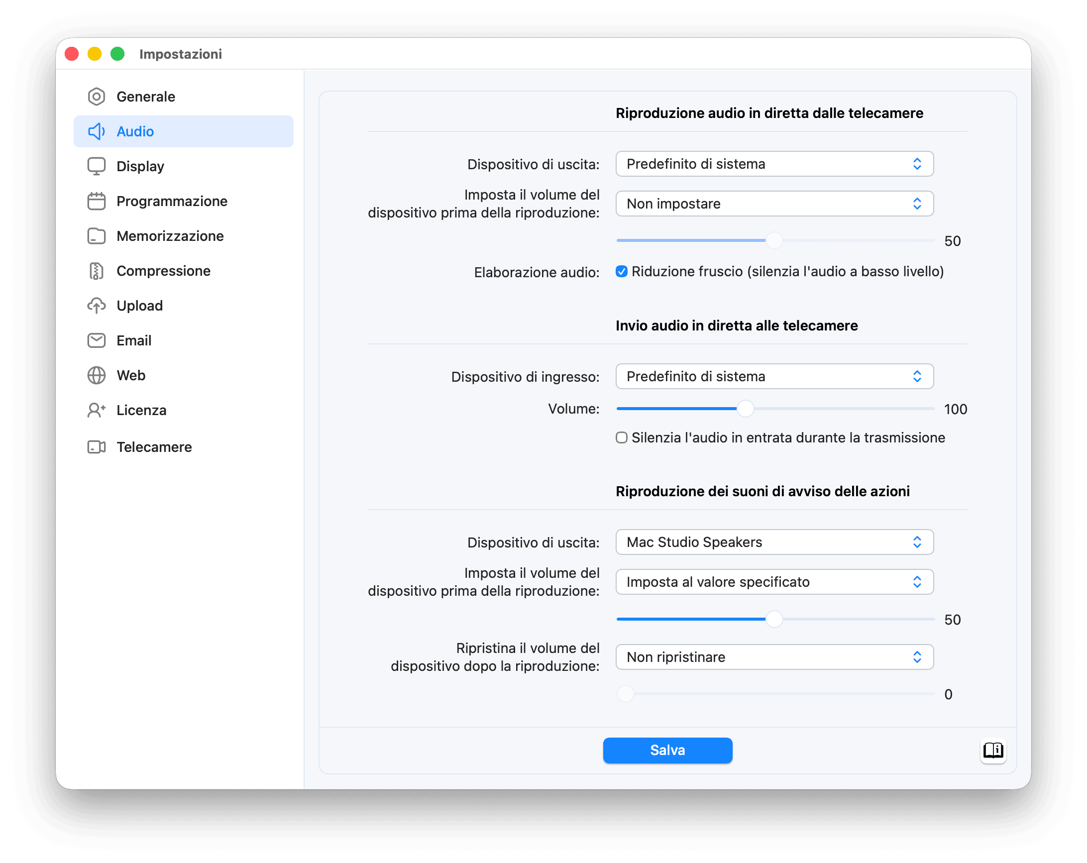 SecuritySpy Impostazioni - Audio