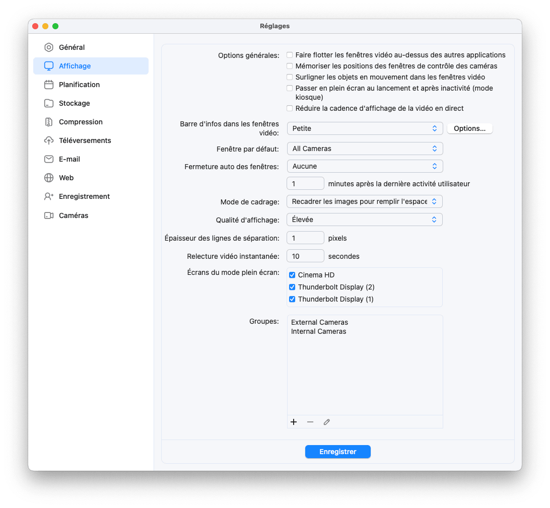 Réglages SecuritySpy - Affichage