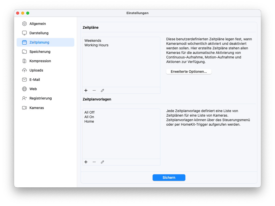 SecuritySpy-Einstellungen - Zeitplanung