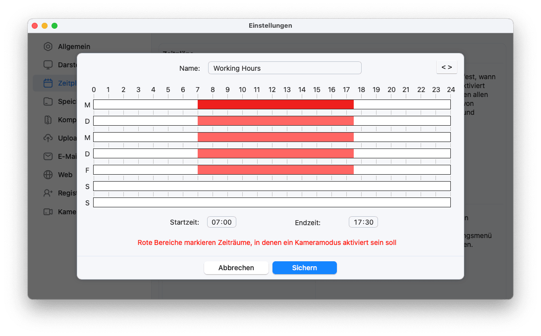 SecuritySpy-Einstellungen - Zeitplanung - Zeitplan