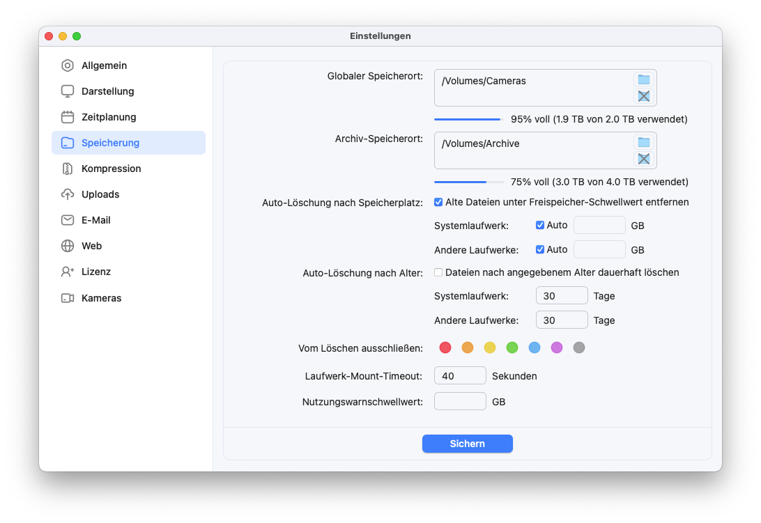 SecuritySpy-Einstellungen - Speicherung
