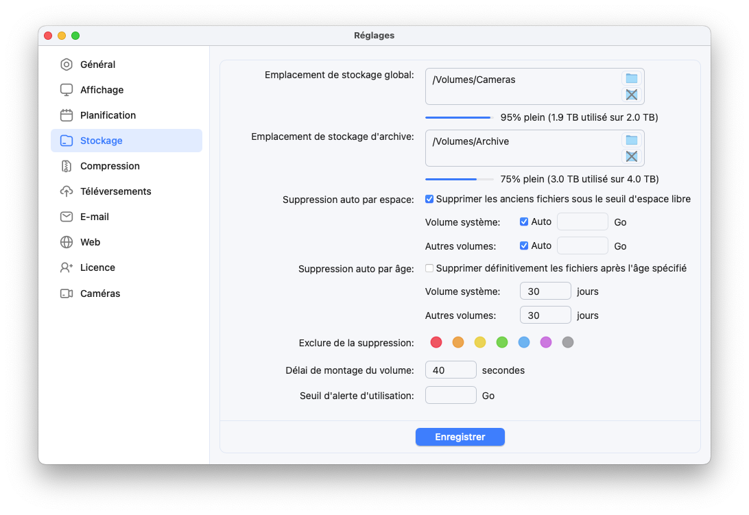 Réglages SecuritySpy - Stockage