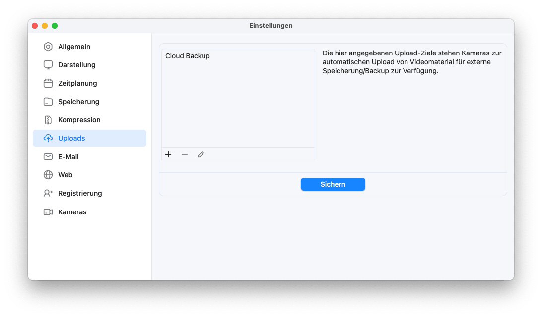 SecuritySpy-Einstellungen - Uploads