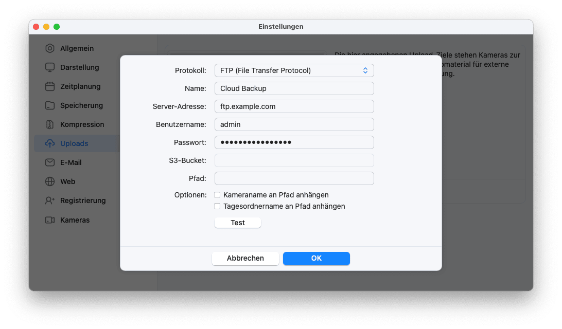 SecuritySpy-Einstellungen - Uploads - Server