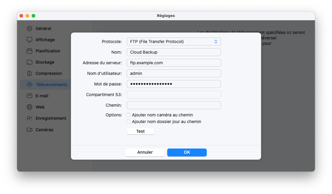Réglages SecuritySpy - Téléversements - Serveur