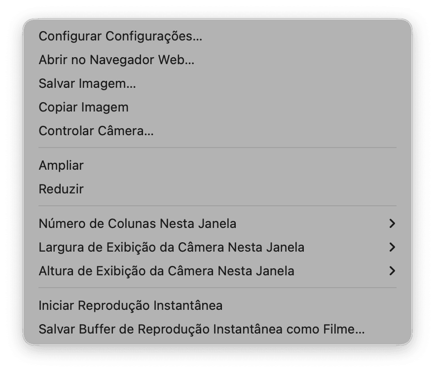 O menu contextual exibido ao clicar com o botão direito na imagem em tempo real de uma câmera