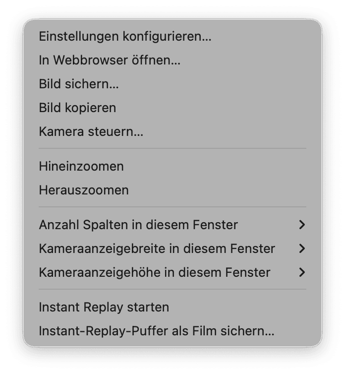 Kontextmenü, das beim Rechtsklick auf das Live-Bild einer Kamera erscheint