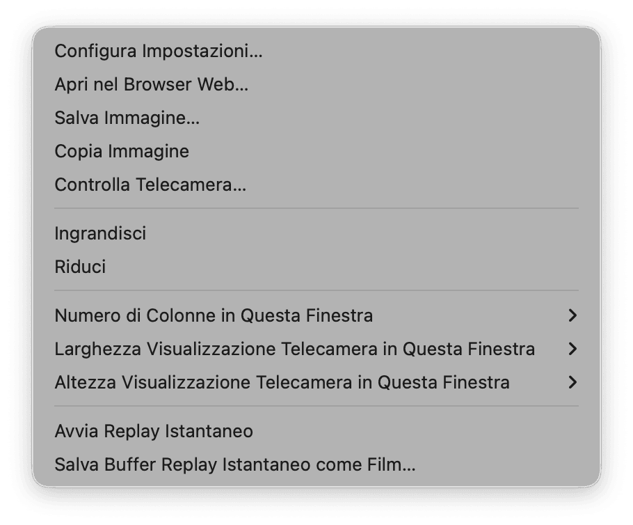 Il menu contestuale che appare facendo clic destro sull'immagine dal vivo di una telecamera