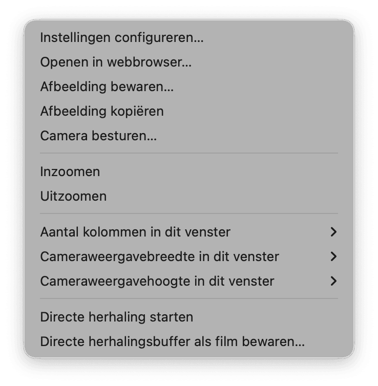 Het contextmenu dat verschijnt bij het rechtsklikken op het live beeld van een camera