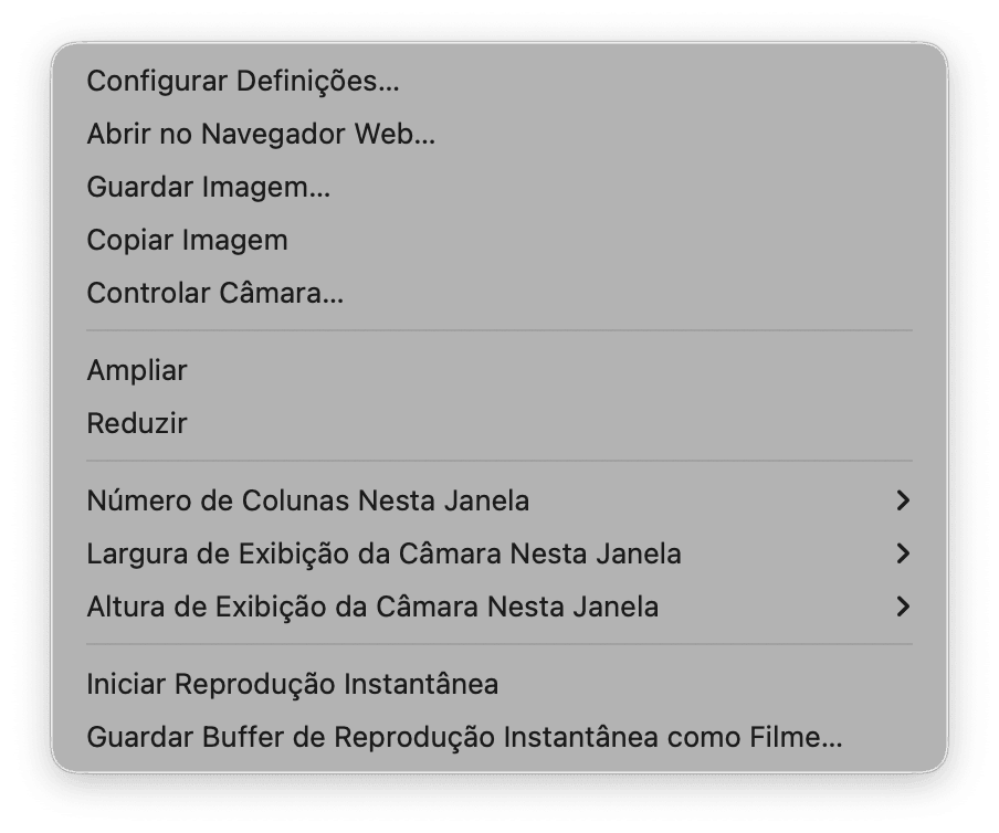 O menu contextual apresentado ao clicar com o botão direito na imagem em tempo real de uma câmara