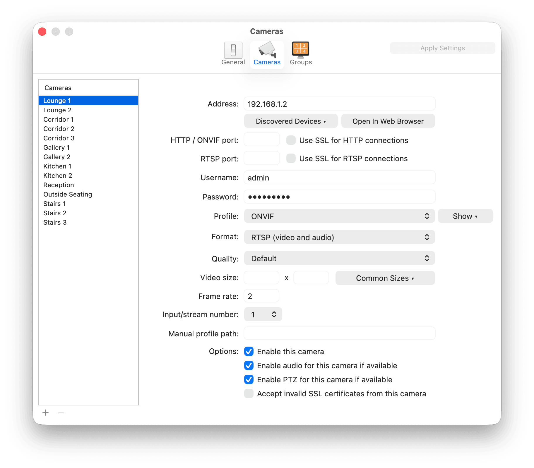 ViewCam Settings - Cameras