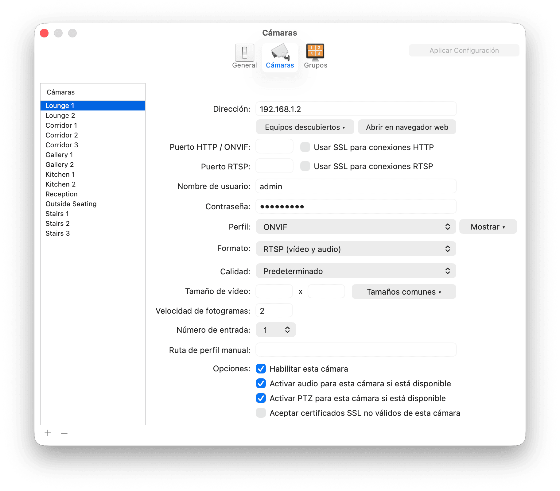 Configuración de ViewCam - Cámaras