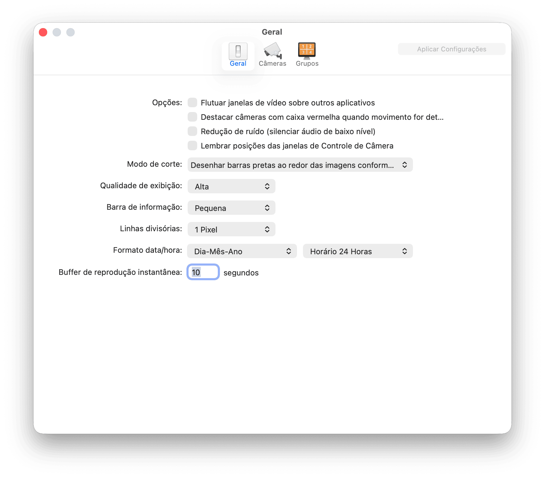 Configurações do ViewCam - Geral